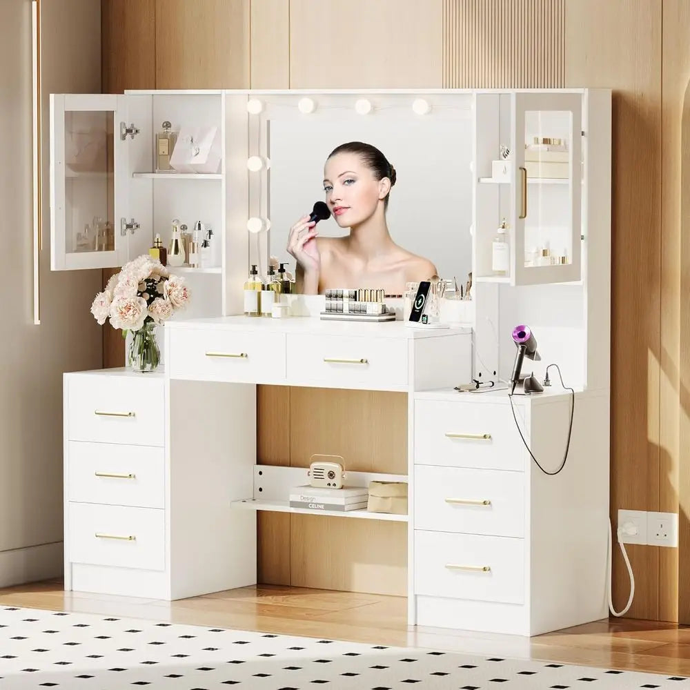 58.3in Vanity Desk with Mirror Charging Station 8 Drawers 2 Cabinets Bedroom Makeup Table, Customized