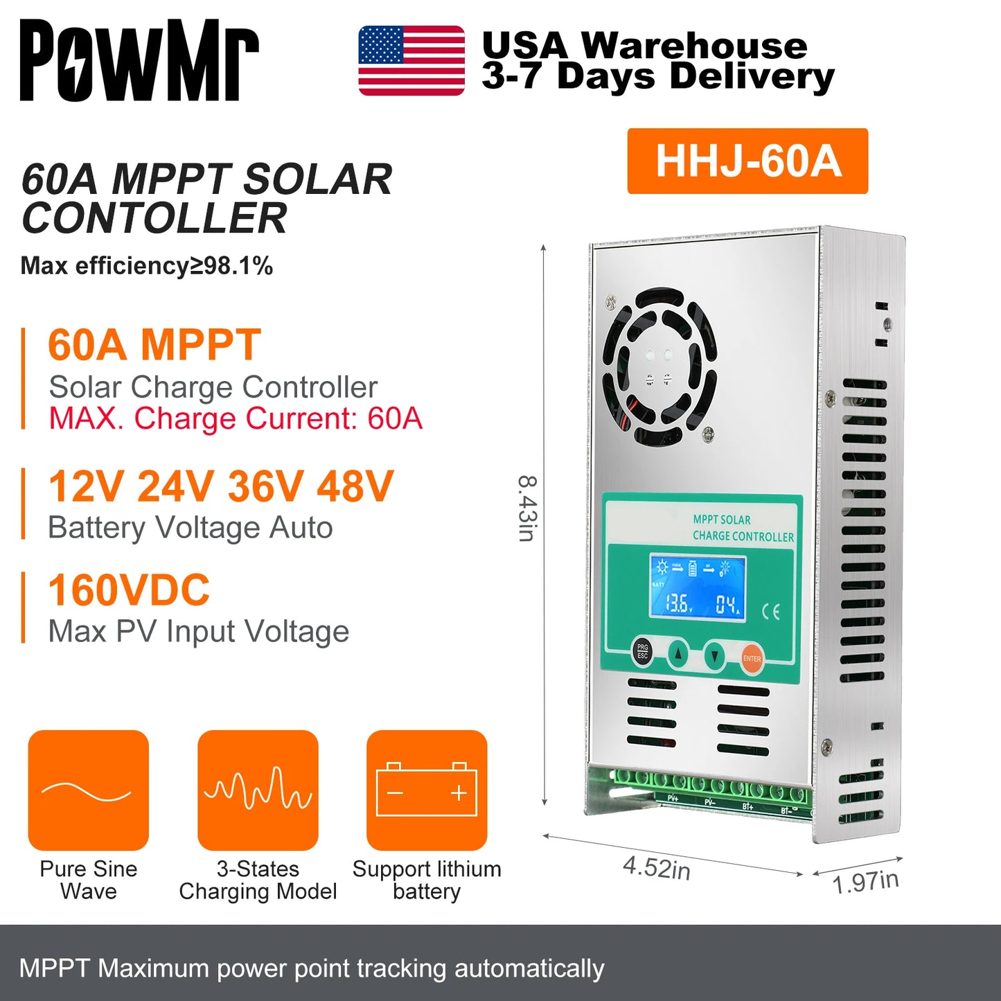 PowMr USA 60A MPPT Solar Charge Controller Can Parallel 12PC Charging 12V 24V 36V 48V LifePo4 Battery Max 160VDC Solar Panel