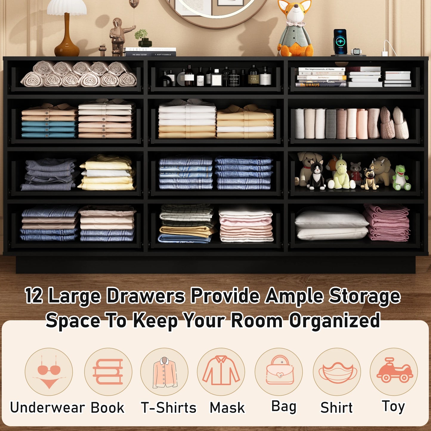 12 Drawer Dresser for Bedroom, 63'' Modern Chest of Drawers with Power Outlets & LED Lights, Wood Dresser for Living Room