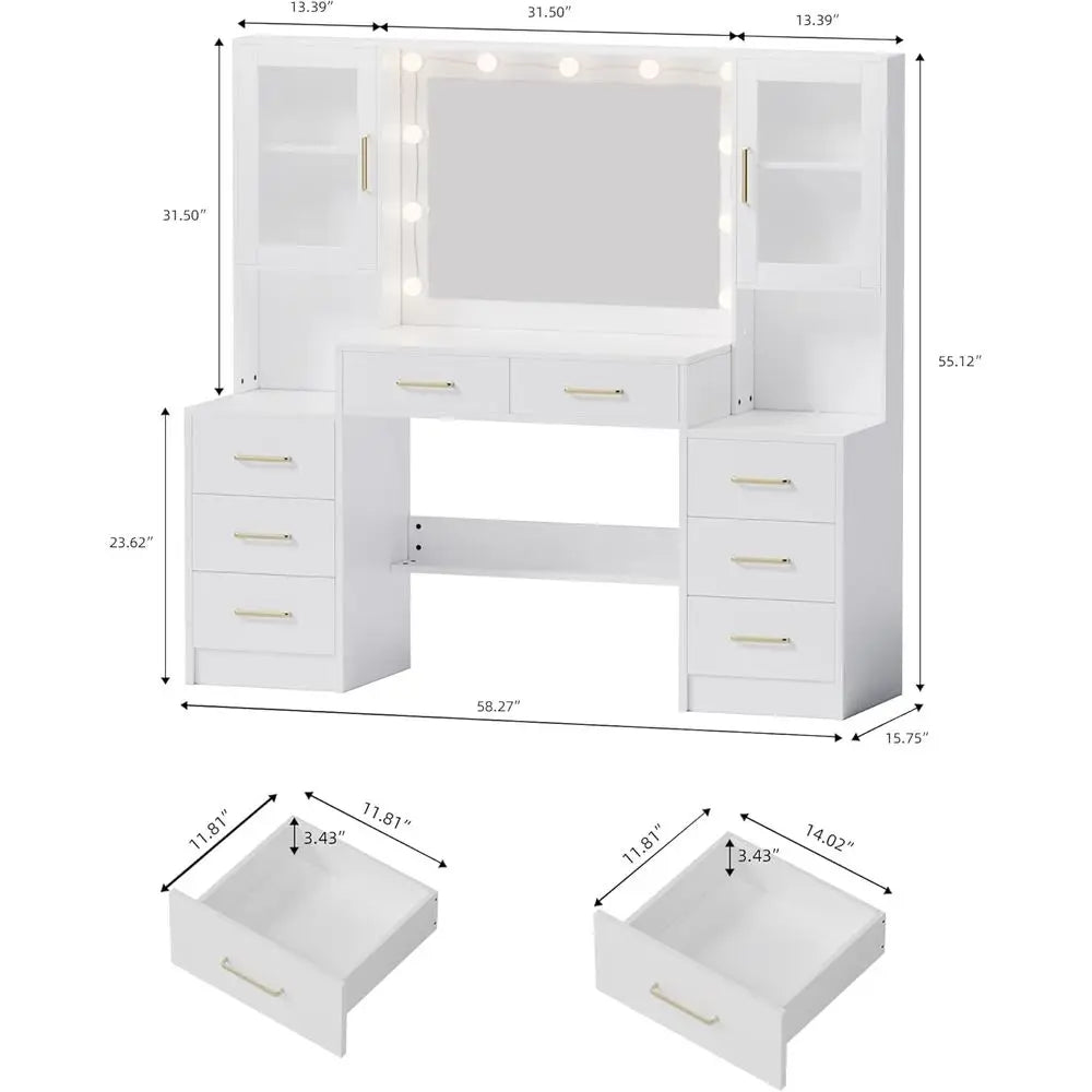 58.3in Vanity Desk with Mirror Charging Station 8 Drawers 2 Cabinets Bedroom Makeup Table, Customized