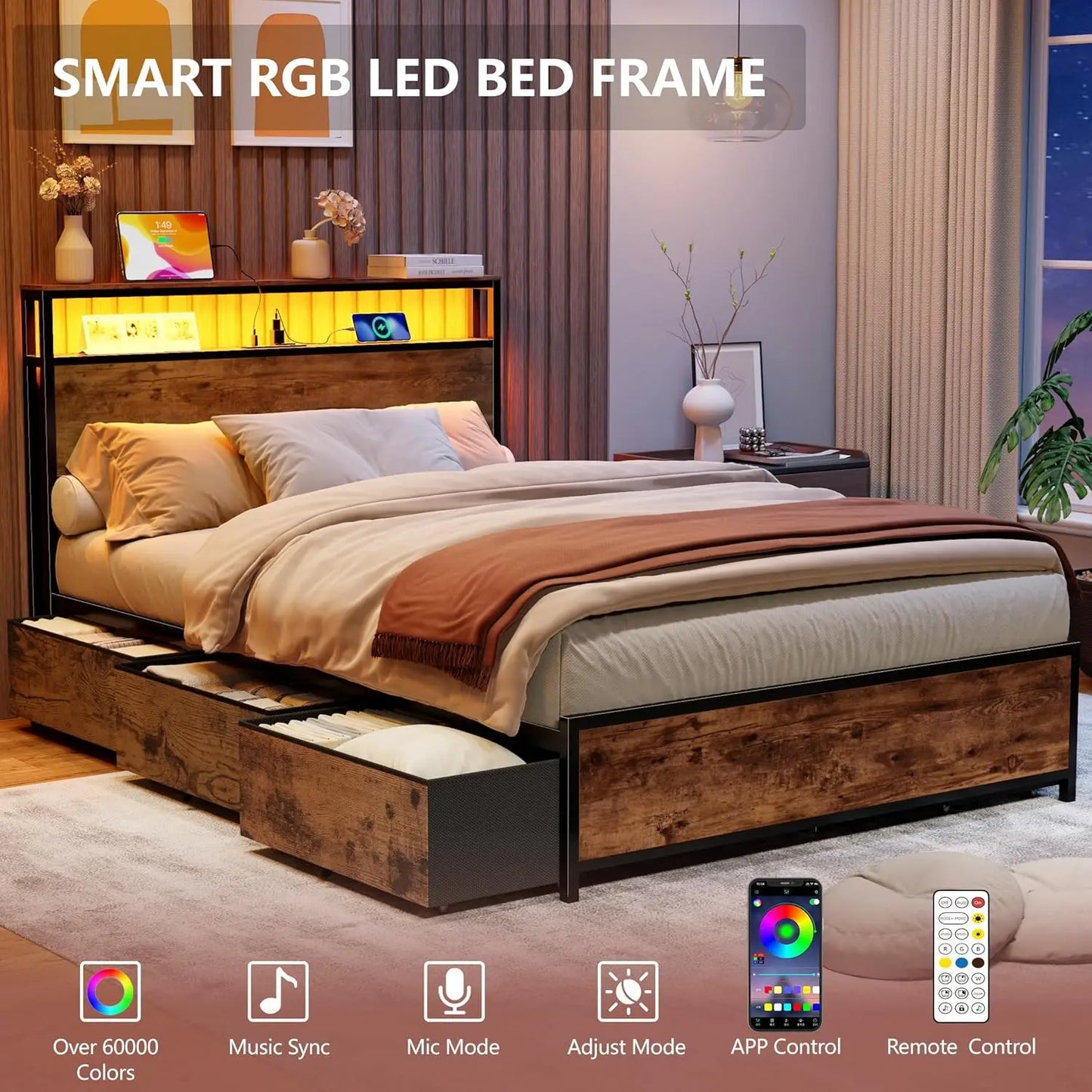 Full Size Bed Frame with Storage Headboard & 6 Drawers,Sturdy Platform Bed Frame Full with Charging Station,LED, Customized