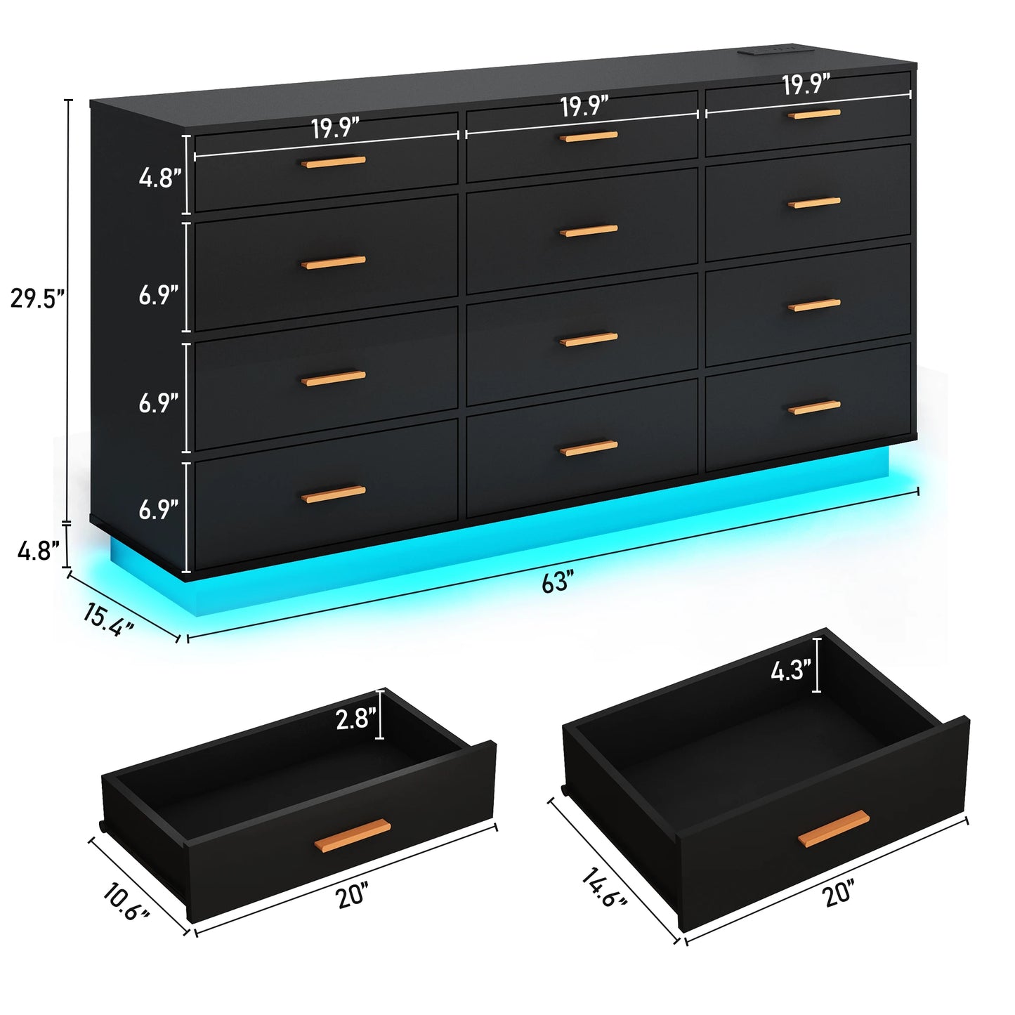 12 Drawer Dresser for Bedroom, 63'' Modern Chest of Drawers with Power Outlets & LED Lights, Wood Dresser for Living Room