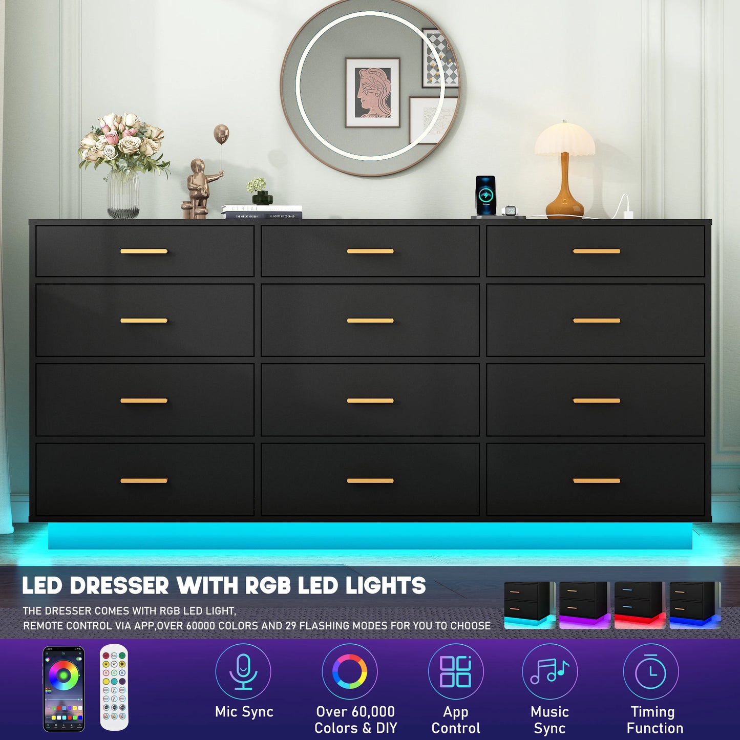 12 Drawer Dresser for Bedroom, 63'' Modern Chest of Drawers with Power Outlets & LED Lights, Wood Dresser for Living Room