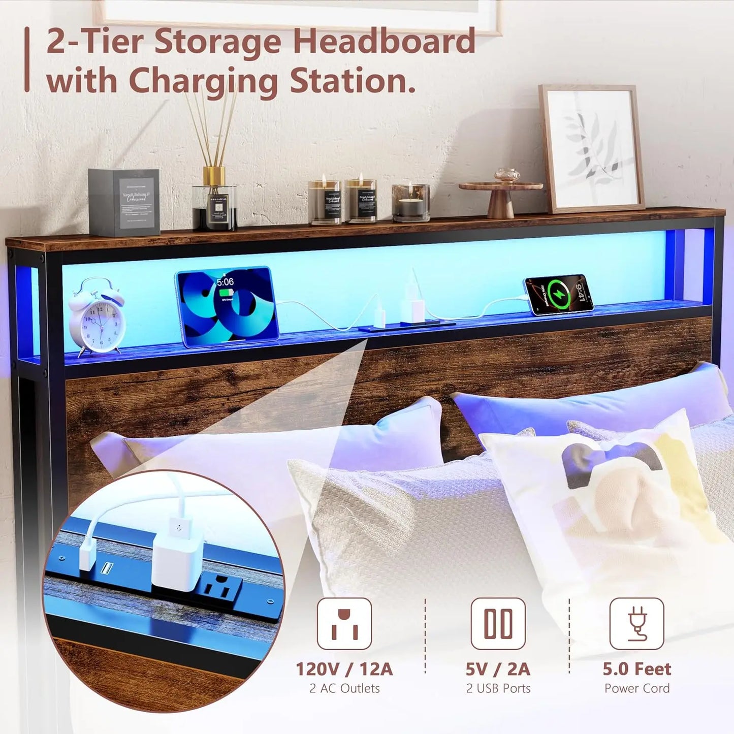 Full Size Bed Frame with Storage Headboard & 6 Drawers,Sturdy Platform Bed Frame Full with Charging Station,LED, Customized