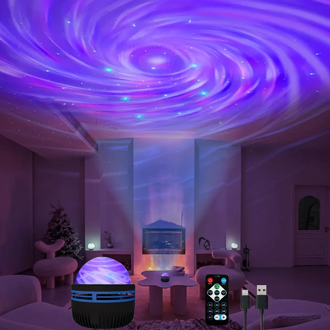 Black Atlanteans LED NightLights Galaxy Projector Remote Control 5V USB Rechargeable Starry Sky Lamp DMX Sound Active 7 Modes for Kids Room Decor