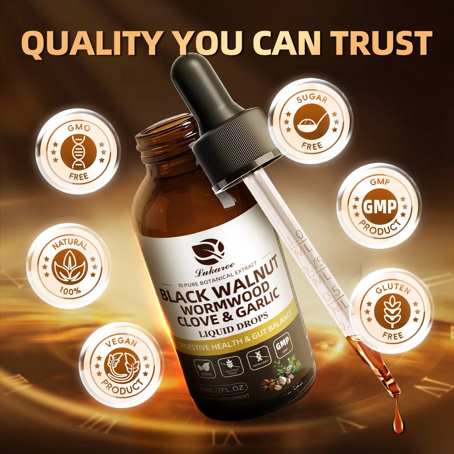 Lukaree 60ML Black Walnut Drop with Wormwood Clove & Garlic Support Digestion and Immune Health, Detoxify the Body Antioxidant