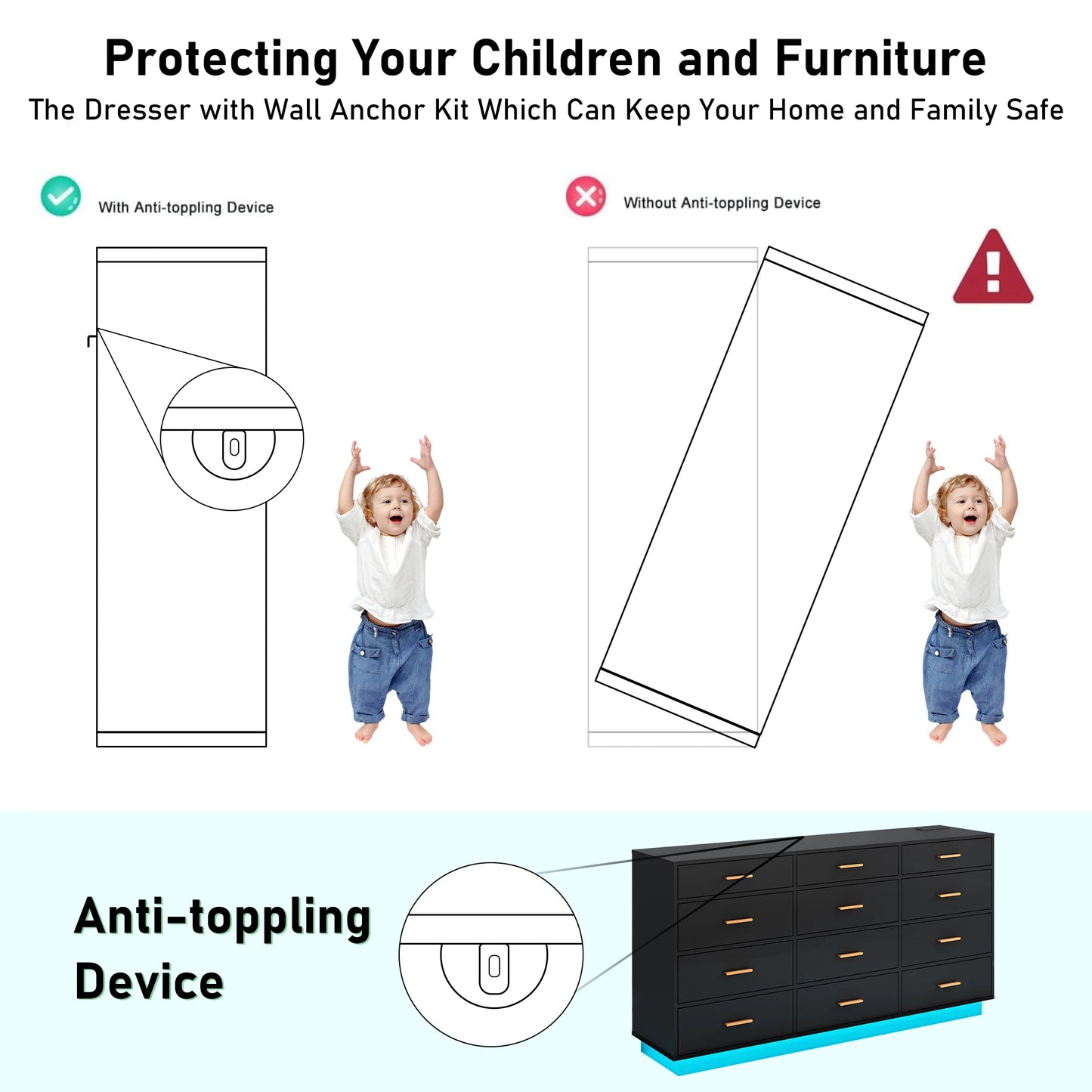 12 Drawer Dresser for Bedroom, 63'' Modern Chest of Drawers with Power Outlets & LED Lights, Wood Dresser for Living Room