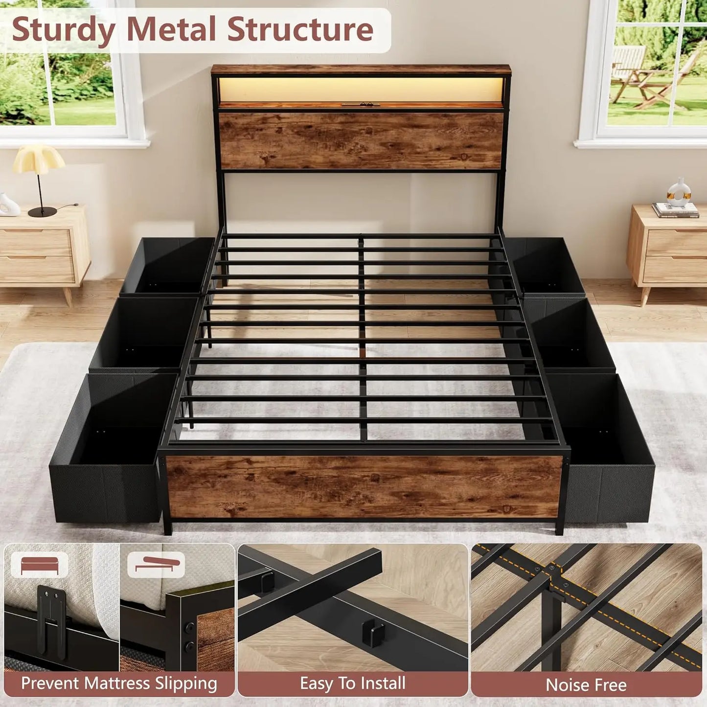 Full Size Bed Frame with Storage Headboard & 6 Drawers,Sturdy Platform Bed Frame Full with Charging Station,LED, Customized