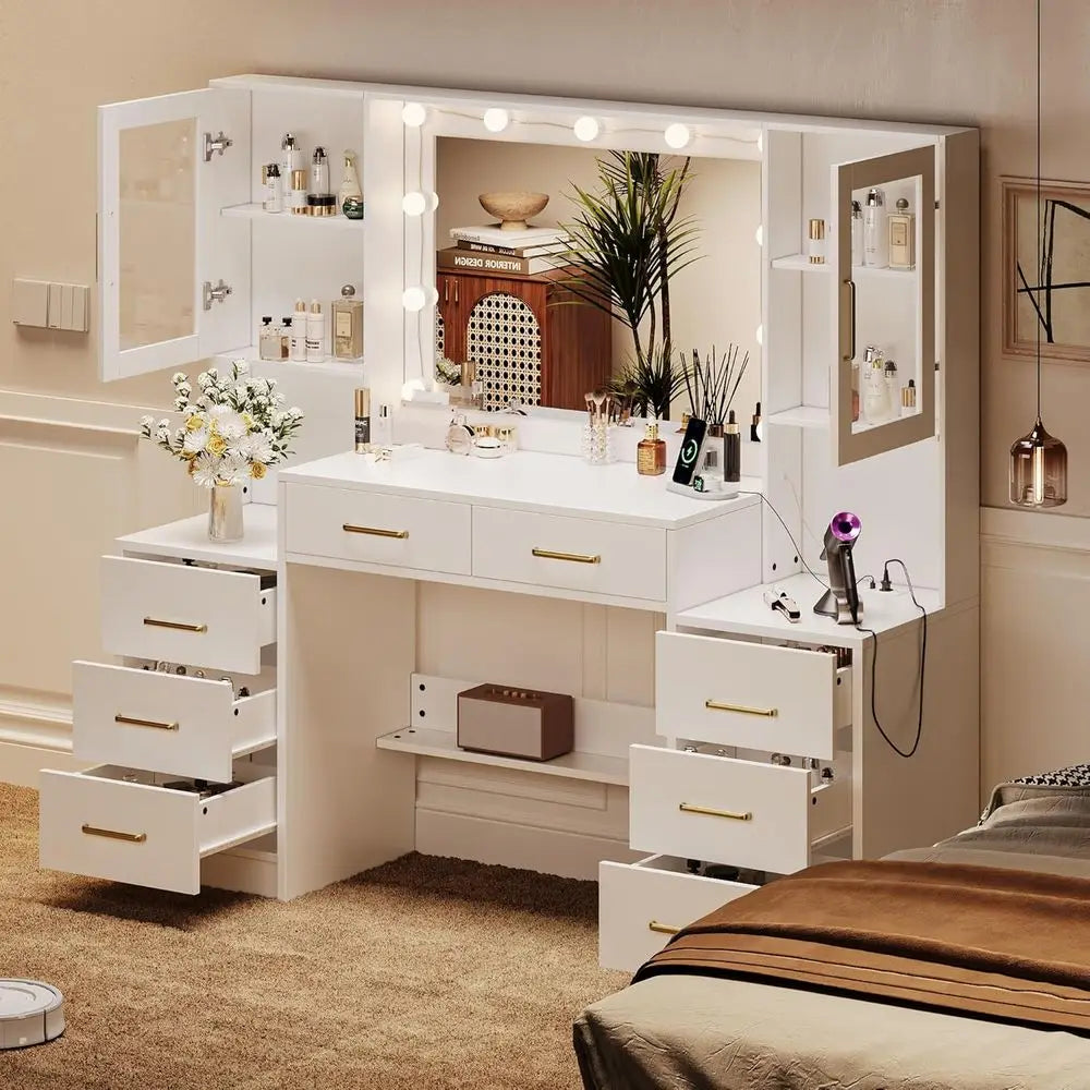 58.3in Vanity Desk with Mirror Charging Station 8 Drawers 2 Cabinets Bedroom Makeup Table, Customized