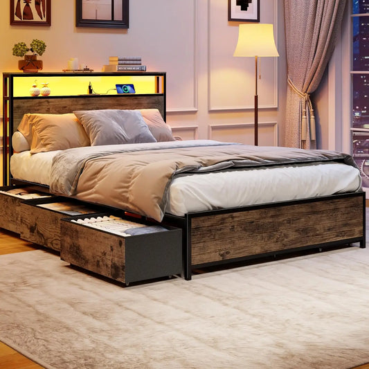 Full Size Bed Frame with Storage Headboard & 6 Drawers,Sturdy Platform Bed Frame Full with Charging Station,LED, Customized