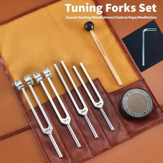 Black Atlanteans Resonance Sound Healing Tuning Forks Set 6PC-128Hz, 136.1Hz, 256Hz, 384Hz with Activator for Stress Relief, Relaxation & Chakra