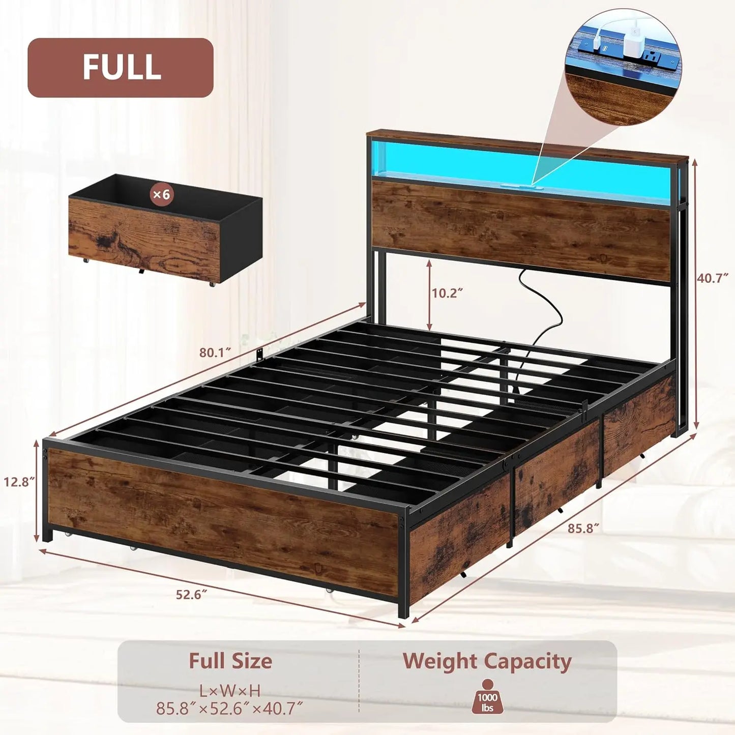 Full Size Bed Frame with Storage Headboard & 6 Drawers,Sturdy Platform Bed Frame Full with Charging Station,LED, Customized
