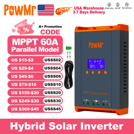 PowMr USA 60A MPPT Solar Charge Controller Can Parallel 12PC Charging 12V 24V 36V 48V LifePo4 Battery Max 160VDC Solar Panel