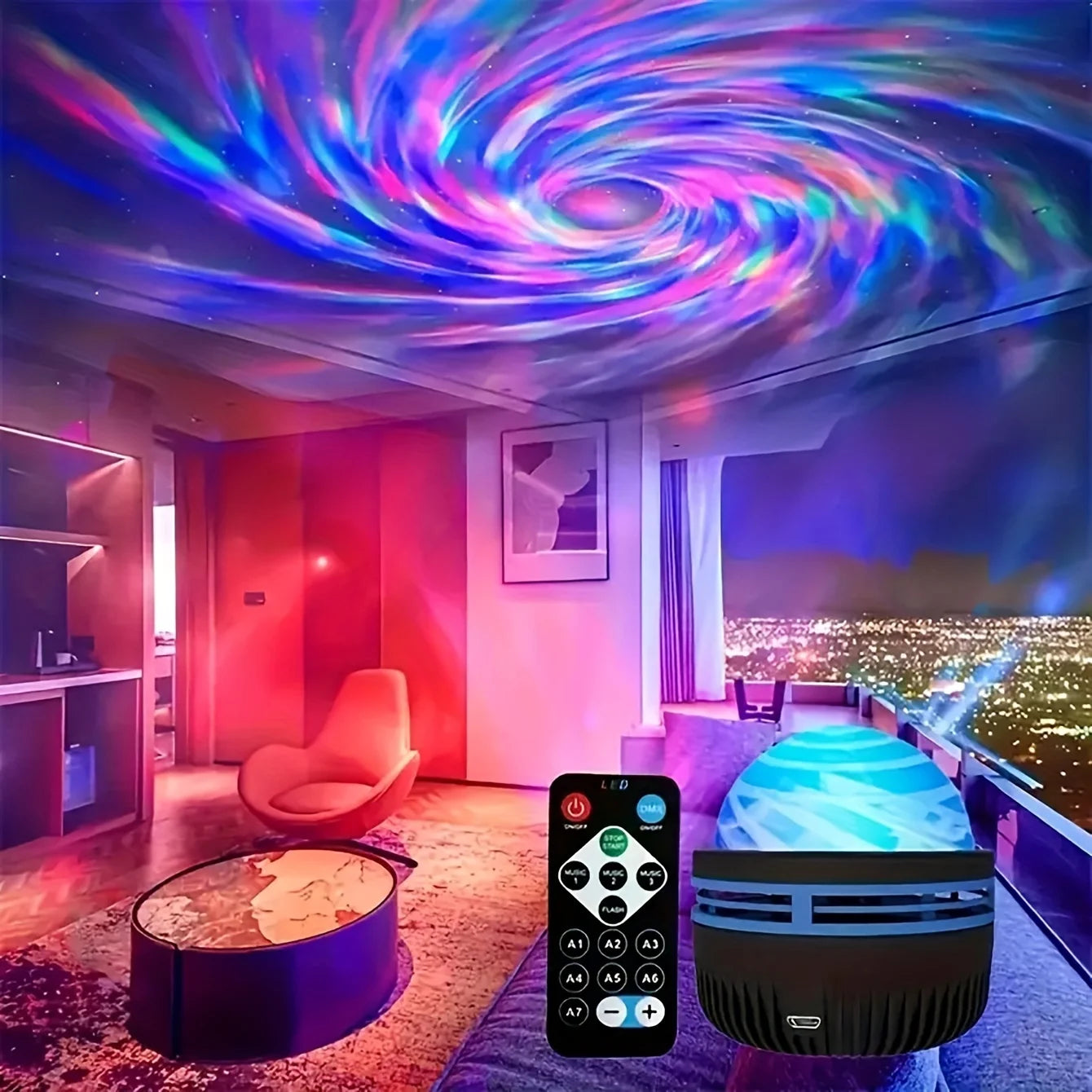 Black Atlanteans LED NightLights Galaxy Projector Remote Control 5V USB Rechargeable Starry Sky Lamp DMX Sound Active 7 Modes for Kids Room Decor